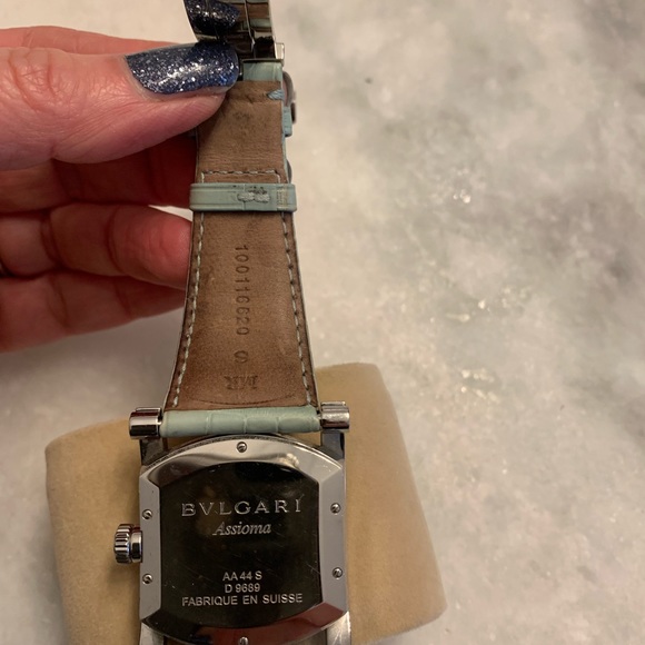 Bvlgari Womens Assioma SS Mother of Pearl Lt Blue leather with pave diamonds - Picture 3 of 10